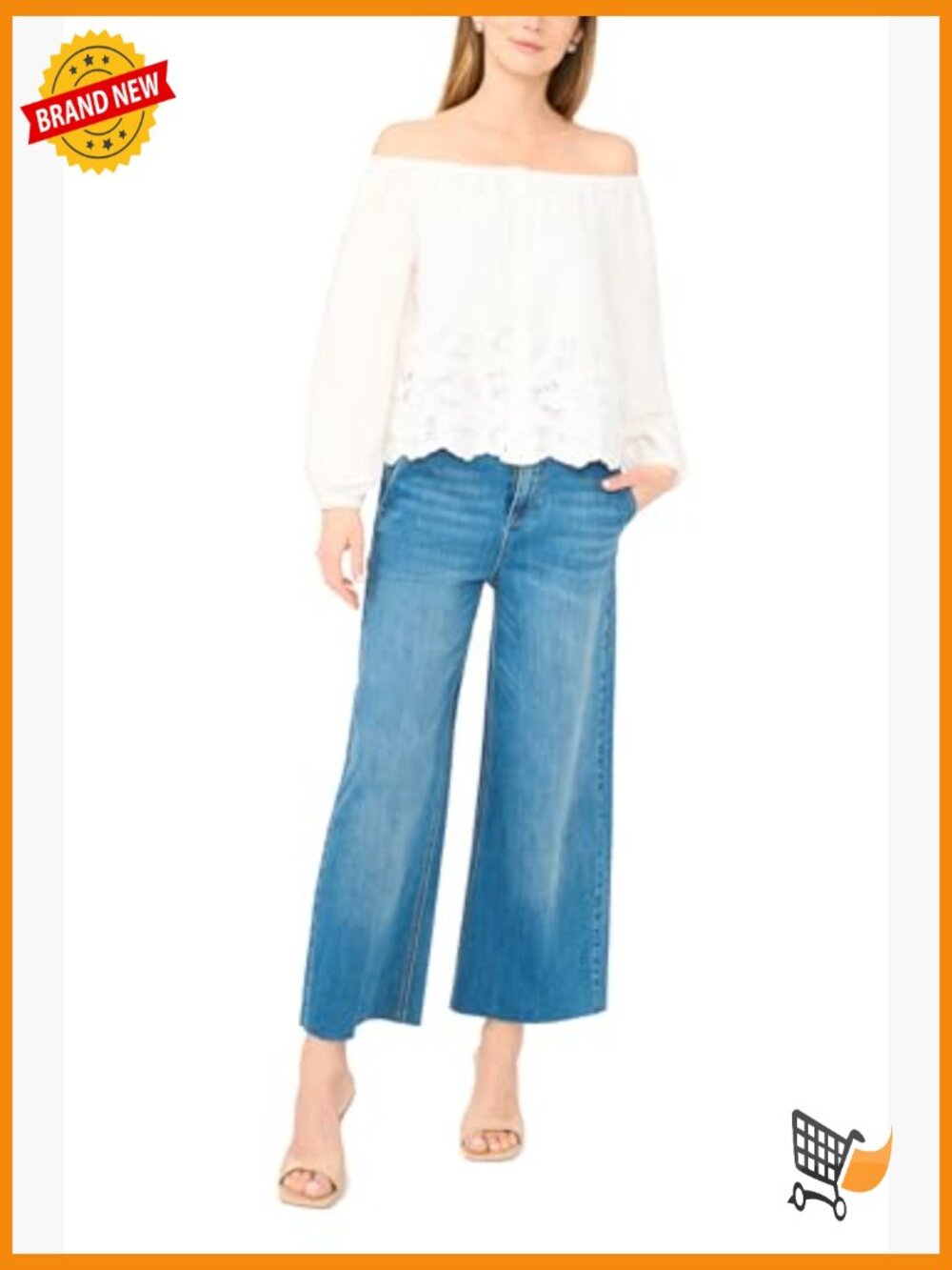 Off Shoulder Button Front Embroidered Blouse - Picture 2 of 5